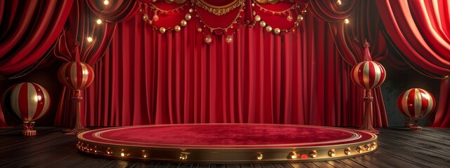 Circus stage podium background 3D carnival light red show curtain. Circus platform stage podium tent theater arena sign vintage spotlight circle stand bulb ringmaster ring cirque cartoon party cinema.