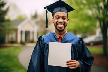 Graduation certificate mock up. A graduating student, wearing a cap and gown, with a beaming smile while holding diploma, radiating the joy of accomplishment, anticipation of the future.