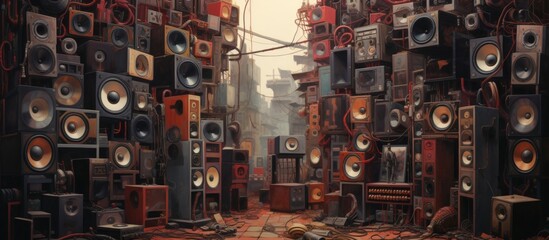 Wall Mural - A stack of metal speakers creates a unique art installation in a downtown building, showcasing innovative engineering and a magenta pattern