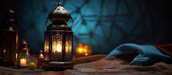 Ornamental Arabic Lantern With Burning Candle Glowing At Evening