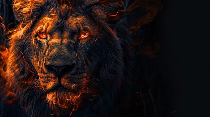 Wall Mural - closeup of lion in fire, isolated on dark black background, fierce and wild animal portrait with fiery flames, dramatic and intense predator, powerful and majestic setting