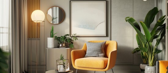 Canvas Print - The living room features a sophisticated and luxurious interior, showcasing a honey yellow armchair, a gray mock-up frame, a gold lamp, a mirror, a plant, a pillow, and stylish accessories.