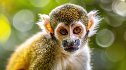 Wall Mural - wildlife closeup of a squirrel monkey perched on a tree in the forest with a detailed view of its na