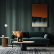 A living room with dark green vertical striped wallpaper, a sofa in deep emerald color and brown fabric, two side tables with a black coffee table, and an orange painting on the wall.