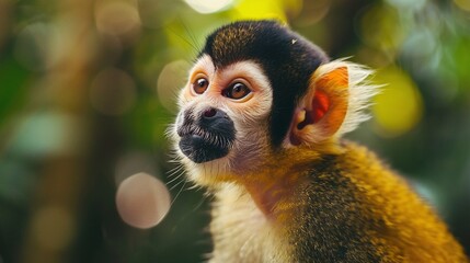 Wall Mural - closeup of squirrel monkey on a tree branch in dense forest capturing the essence of wildlife in its