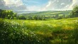 Lush green meadows stretching as far as the eye can see, dotted with wildflowers swaying gently in the breeze, a peaceful escape into natures embrace