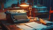 A vintage typewriter on an oak desk with scattered papers and an old-fashioned lamp, illuminated under soft lighting
