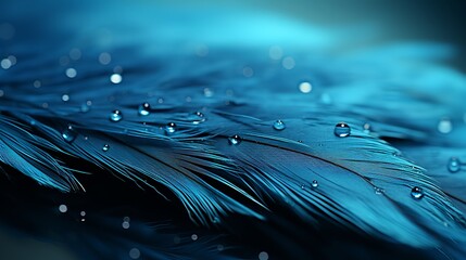 Wall Mural - Blue feather with water drops close up. Macro photo with shallow depth of field