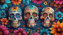Colorful Traditional Mexican/hispanic Ceramic Pottery Skulls On Display At A Market In Mexico