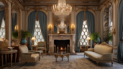 Wall Mural - Lavish Gilded Age manor parlor room with elaborate plaster crown molding silk damask wall coverings and grand fireplace.