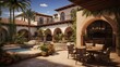 Lavish Mediterranean courtyard oasis with tiled fountains covered loggias tropical landscaping and outdoor kitchen.