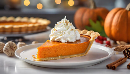 Wall Mural - Slice of traditional pumpkin pie for Thanksgiving dinner, topped with whipped cream. Delicious dessert. Tasty festive food.