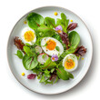 Elegant vegetarian salad with boiled eggs and greens, decorated with flowers, on a round ceramic plate. White background. Healthy eating. Top view, from above.