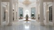 Lavish neoclassical residential oval entrance hall with inlaid herringbone parquet floors fluted pilasters crystal chandeliers and ionic columns.