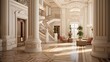 Lavish neoclassical residential oval entrance hall with inlaid herringbone parquet floors fluted pilasters crystal chandeliers and ionic columns.