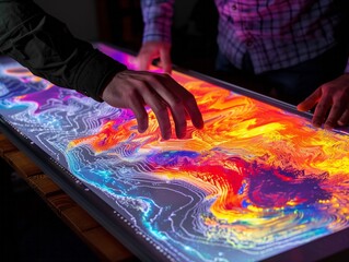 Two people are touching a colorful, abstract painting on a table. The painting is made up of different colors and shapes, and it seems to be a work of art. Scene is one of curiosity and exploration