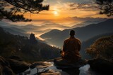 Fototapeta Do akwarium - Man meditate on the mountain at dawn., generative IA
