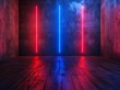 A dark room illuminated by two red and blue lights, casting contrasting hues on the surroundings