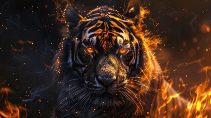 Wall Mural - stunning portrait of tiger in fire on black background, closeup of powerful wildlife animal with glowing eyes and intense detail