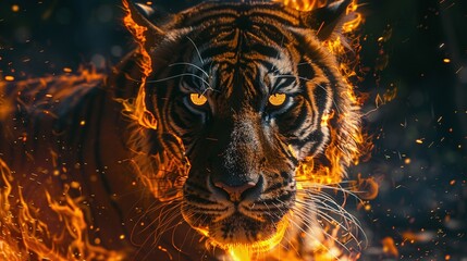 Wall Mural - black background featuring tiger in fire, closeup portrait of fierce animal with glowing eyes and dramatic wildlife detail