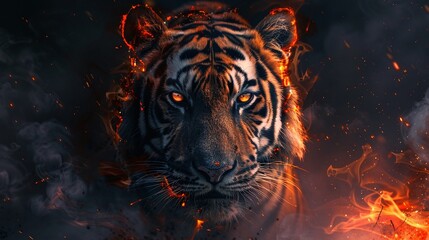 Wall Mural - intense tiger portrait in fire on black background, closeup of wildlife animal with glowing eyes and dramatic, stunning detail