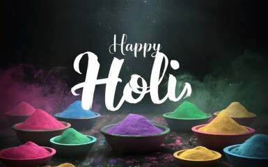 Colorful holi powder in bowls and text Happy Holi on dark background