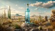 A bottle of water is placed in the middle of a dry desert landscape, surrounded by sand and desert plants