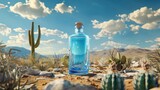 Fototapeta Dziecięca - A bottle of water sits in the center of a vast desert landscape, under the scorching sun. The clear blue skies and dry arid land create a stark contrast