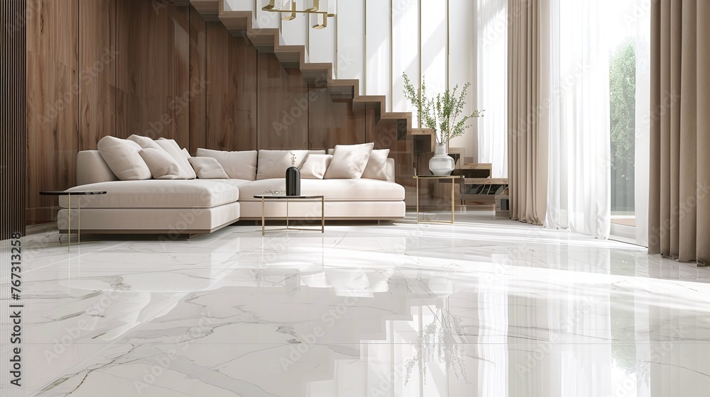 luxury living room with brown wall and white marble floor tile, beige ...