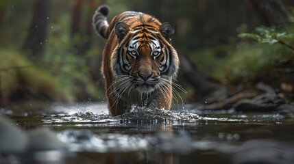 Wall Mural - closeup of a majestic amur tiger walking in the water showcasing the powerful wild feline in its nat