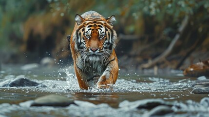 Wall Mural - majestic amur tiger walking in the water capturing the wild nature and powerful feline with vibrant 