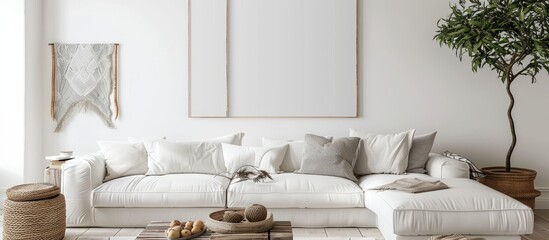 Contemporary, minimalist white interior design featuring a white sofa in the living room setup, ideal for showcasing posters. High-quality photograph.