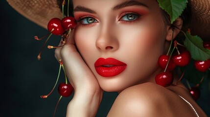 beautiful woman with cherry red lips on dark background closeup highlighting the seductive and alluring look with glossy and vibrant lips