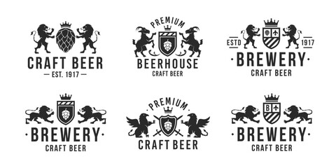 Beer, brewery logo set. Vintage beer logo with heraldic animals.Vintage brewery emblems. Beer labels, emblems, logo. Vector illustration