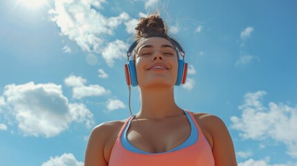 female athlete enjoying a break from her workout outdoors, listening to music on headphones, and standing against the sky in sportswear, reflecting a happy and health-conscious lifestyle