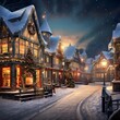 Winter night in a small village. Christmas and New Year concept.