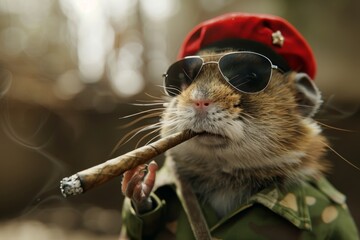 A hamster in a military uniform and a red birette with a cigar