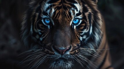 Wall Mural - closeup portrait of a black tiger with piercing blue eyes on a dark background capturing the stealth and beauty of this nocturnal wild predator