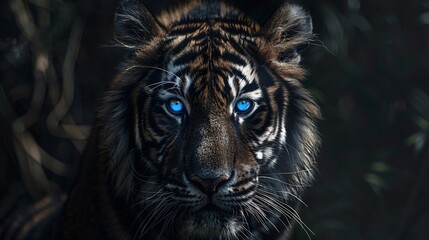 Wall Mural - fierce black tiger with blue eyes on a dark background in a closeup portrait capturing the powerful and mysterious essence of this wild feline
