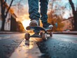 Teen's hand and skateboard dance in harmony, street skating captured up close, joy in every turn and twist
