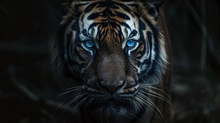 Wall Mural - majestic black tiger with striking blue eyes staring intensely in a closeup portrait on a dark background showcasing its fierce and exotic nature