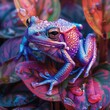 Step into a kaleidoscope of wonder with a focus image capturing the iridescent hues of a rainbow frog perched on dewkissed leaves
