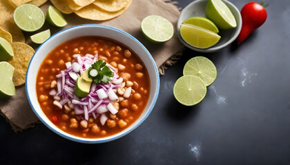 Wall Mural - mexican bean soup pozole with tortilla chips and lime