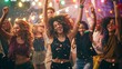 Group of friends in a state of euphoria, dancing with abandon at a lively party. Confetti fills the air, highlighting a moment of pure joy and carefree abandon under the dance floor lights.