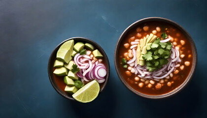 Wall Mural - a bowls of pozole soup with vegetables and avocado