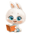 Cute cartoon white bunny read a book sit on white background