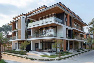Fototapete - Modern apartment building exterior with glass balconies an large windows with decorative elements.