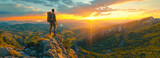 Fototapeta Góry - Adventurous man admiring nature from cliff top at sunset in summer mountains