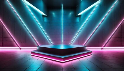 Wall Mural - Metal lighting neon podium cyberpunk unreal city pink blue neon lasers stage product display background, 3d illustration empty display showroom