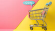 Empty shopping cart on pink and yellow background fifty percent discount